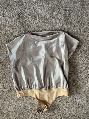 ALIX Silver Satin Cowl Neck Spaghetti Strap Bodysuit with Beige Trim